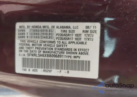 2011 Honda Odyssey Ex-L z USA, uszkodzony, nr VIN 5FNRL5H6XBB096891